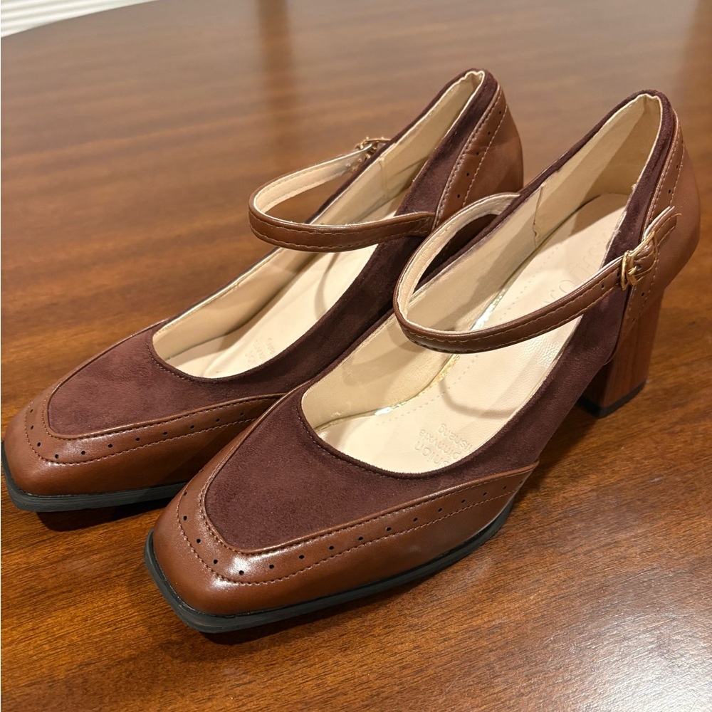 VINTAGE Brown Leather Suede Two-Tone Mary Jane Square-Toe Chunky Mid-Heel Shoes - Picture 5 of 11